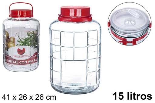 [100018] Bocal en verre avec anse rouge 15 l.