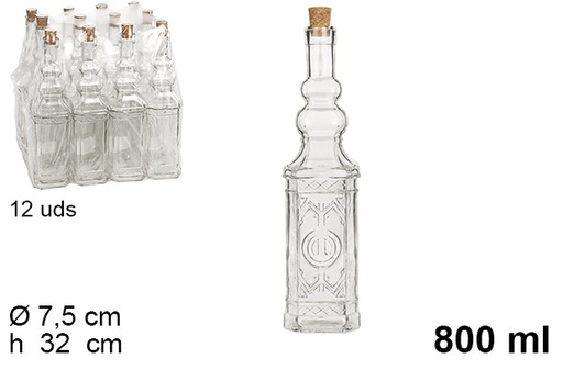 [105605] Natural square glass bottle with cork stopper 800 ml