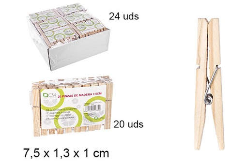 [102362] Pack 20 pinces à linge en bois 7,5 cm