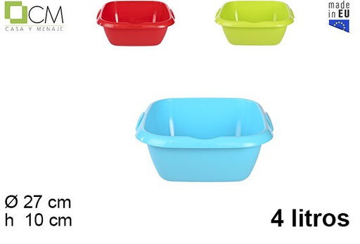 [103104] Bassine carré en plastique avec poignee couleurs assorties 4 l.