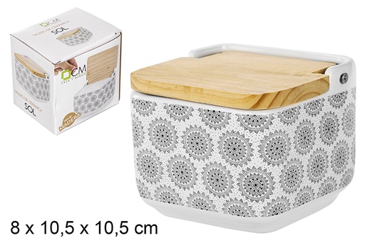 [104548] Saliera in ceramica con coperchio in legno decororazine sole