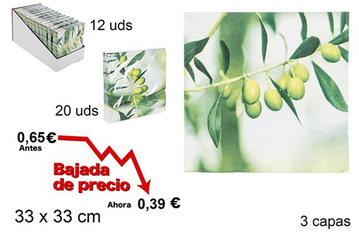 [105709] 20 serviettes en papier décorées d'olives à 3 plis 33cm