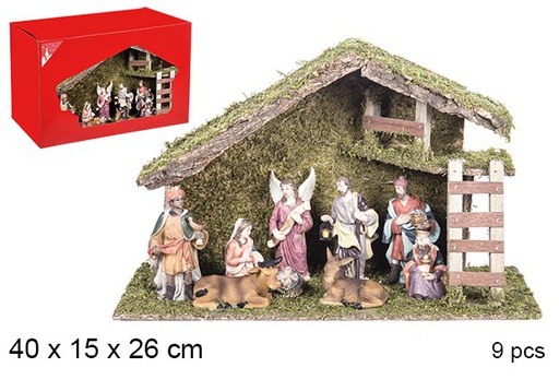 [106268] Nativity scene 9 pieces wooden manger 40x15 cm