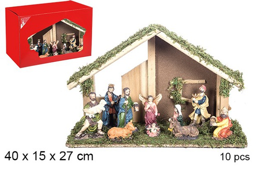 [106270] Nativity scene 10 pieces wooden manger 40x15x27 cm