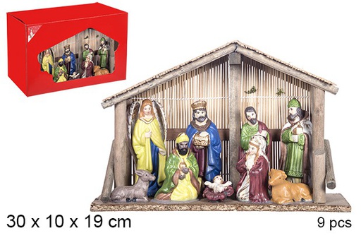 [106274] Nacimiento 9 piezas pesebre madera 30x10x19 cm