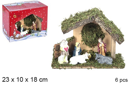 [106282] Nativity scene 6 pieces wooden manger 23x10x18 cm