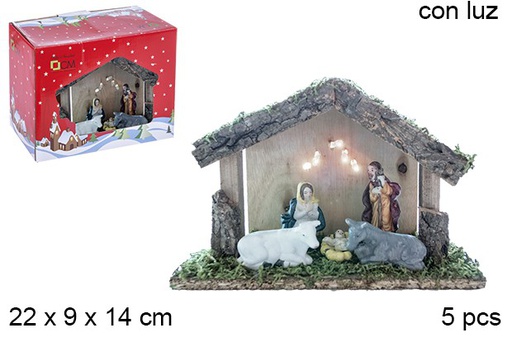 [106287] Presepe in legno 5 pezzi con luce LED