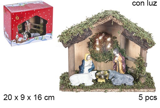 [106289] Nacimiento 5 piezas pesebre madera con luz LED