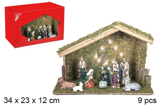 [106290] Nacimiento 9 piezas pesebre madera con luz LED