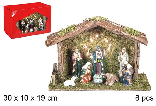 [106292] Nativity scene 8 pieces wooden manger with LED light