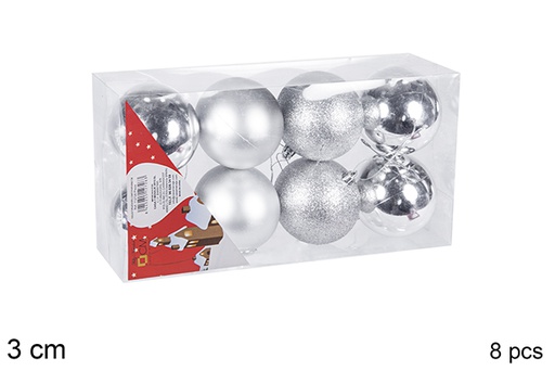 [106539] Pack 8 silver shiny/matte/glitter bauble 3 cm