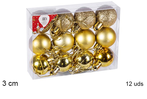 [106545] Pack 12 boules dorées brillantes/mates/à paillettes 3 cm