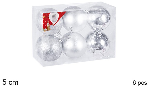 [106629] Pack 6 palline argento lucide/opache/glitterate 5 cm