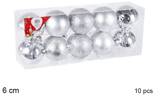 [106724] Pack 10 shiny/matte/glitter silver bauble 6 cm