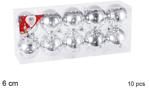 [106726] Pack 10 boules argentées brillantes 6 cm