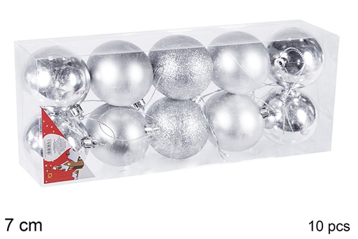 [106822] Pack 10 boules argentées brillantes/mates/à paillettes 7 cm