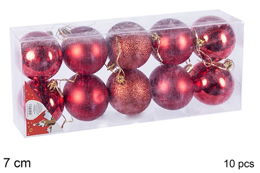 [106825] Pack 10 boules rouges brillantes/mates/à paillettes 7 cm
