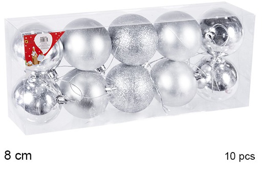 [106868] Pack 10 bolas prata brilhantes/foscas/glitter 8 cm