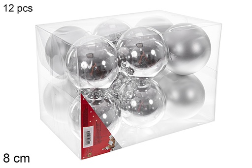 [106879] Pack 12 shiny/ matte silver bauble 8 cm