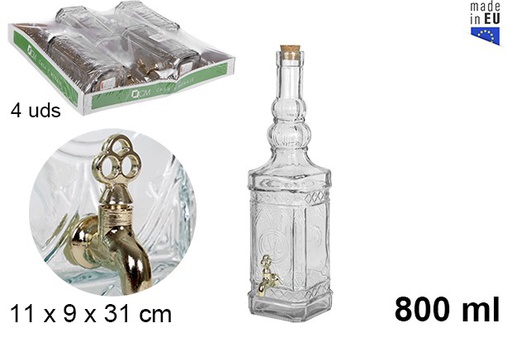 [107968] Natural square glass bottle with tap and cork stopper 800 ml