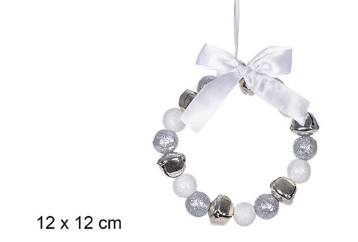 [108894] Corona metal cascabel plata/blanco purpurina 12 cm