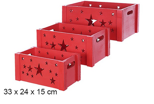 [108909] Pack 3 caisses en bois rouge étoile décorée de Noël 33x24 cm