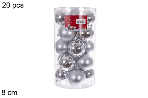 [109238] Pack 20 boules argentées brillantes/mates cylindre 8 cm