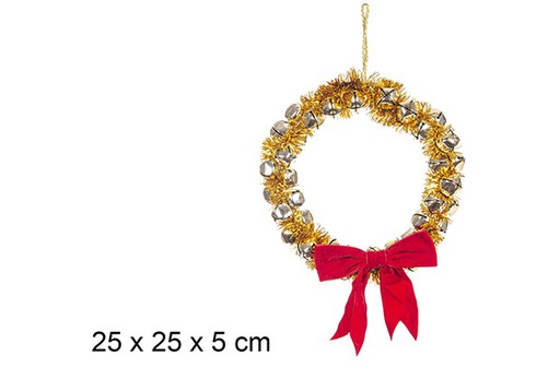 [108061] Jingle bells wreath with gold tinsel and red Christmas bow 25 cm