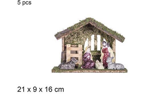 [108739] Nativity scene 5 pieces wooden manger 21x9 cm