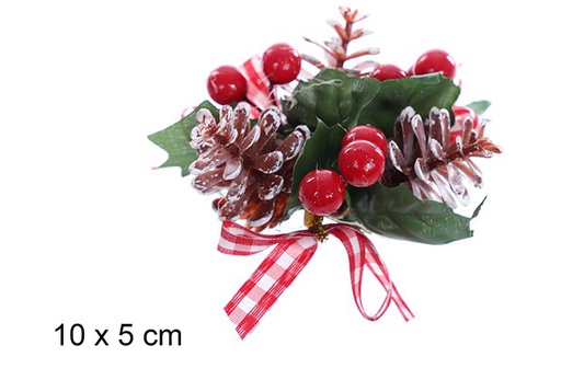 [109684] SQUARE CANDLE HOLDER PINECONES/RED BERRY 10X5 CM 