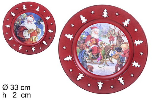 [109689] Red round plate with decorated tree edge assorted Christmas 33 cm