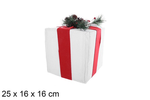 [109710] Confezione regalo in polistirolo bianco con fiocco rosso e ramo verde 25x16 cm