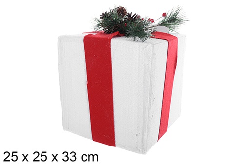 [109711] Paquete regalo poliestireno blanco con lazo rojo y rama verde 25cm