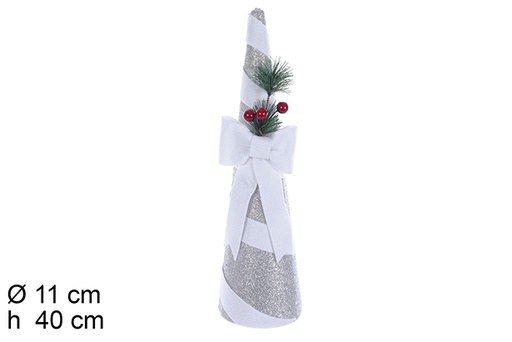 [109712] Sapin conique polystyrène à paillettes argentées avec ruban et arc blanc 40 cm