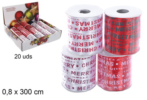 [109819] Ruban de satin de Noël décoré Merry christmas assortiment 0,8x300 cm