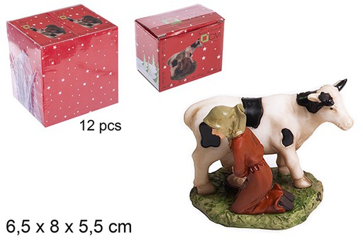 [109885] Resin shepherdess milking cow 14 cm