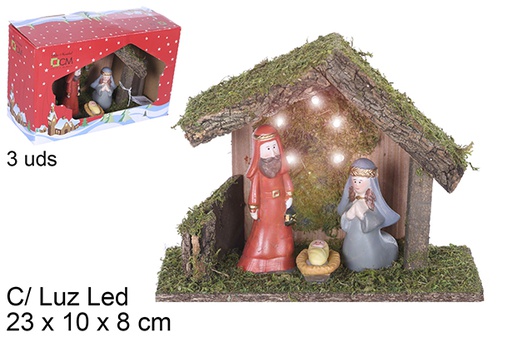 [109260] Nacimiento 3 piezas pesebre madera con luz LED 23x10x8 cm