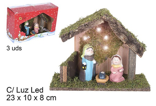 [109264] Natividade de 3 peças em madeira com luz LED 23x10 cm