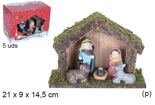 [109269] Nativity scene 5 pieces wooden manger 21x9x14,5 cm