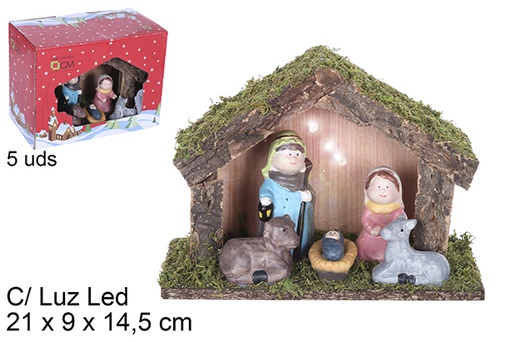 [109270] Nacimiento 5 piezas pesebre madera con luz LED 21x9x14,5 cm