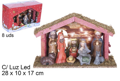 [109274] Natività 5 pezzi Presepe in legno con luce LED 28x10x17 cm