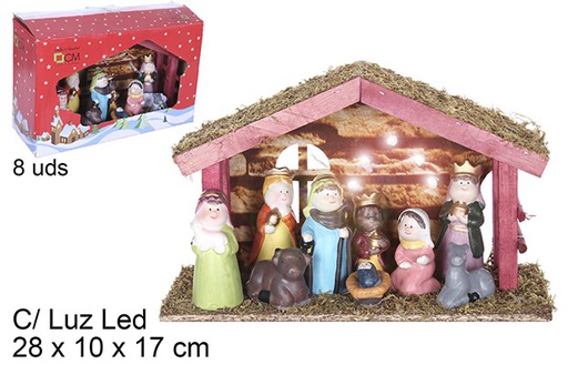 [109276] Nativité 5 pièces crèche en bois avec lumière LED 28x10x17 cm