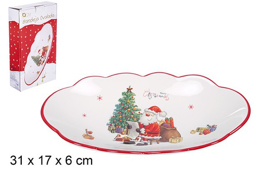 [109357] Plateau ovale de Noël en céramique décoré du Père Noël 31x17 cm