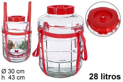 [107885] Bocal en verre avec anse rouge 28 l.