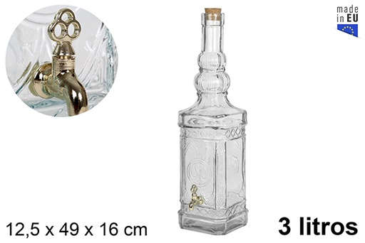 [105680] Natural square glass bottle with cork stopper with tap 3 l.