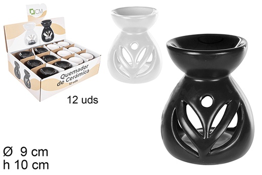 [108673] Round ceramic burner white/black decorated flowers 10 cm
