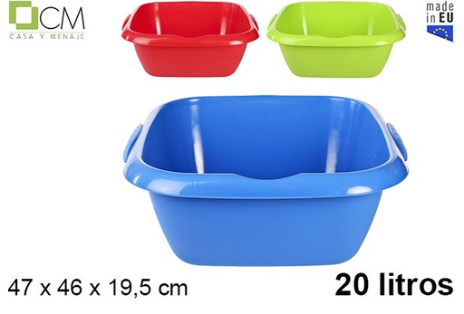 [102959] Bassine carré en plastique avec poignee couleurs assorties 20 l.