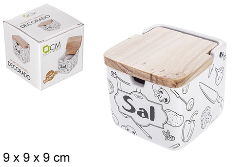 [108746] Saliera in ceramica con coperchio in legno decorato