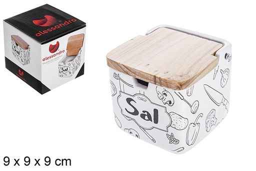 [108746] Saliera in ceramica con coperchio in legno decorato