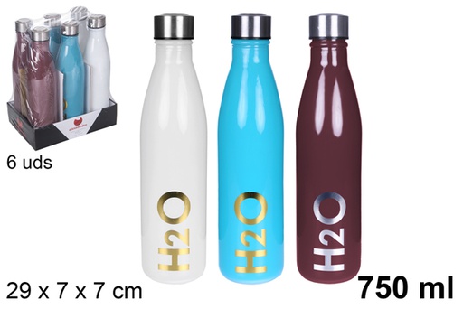 [109283] Bouteille d'eau en verre couleurs assorties décorées H2O 750 ml